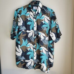 NN07 Linen Tropical Aqua Floral Print Shirt Large NWOT